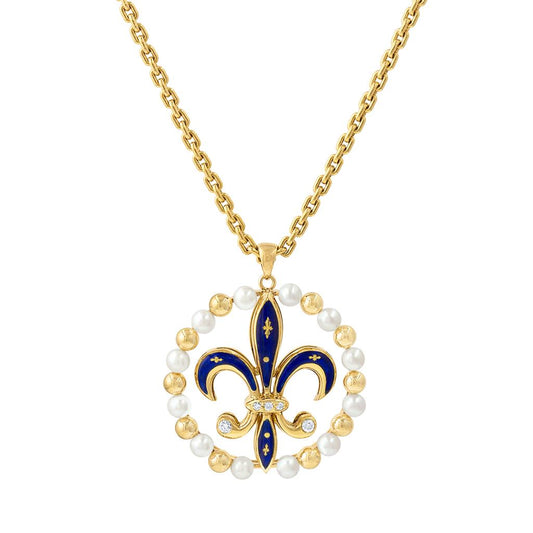 LaViano Fashion 18K Yellow Gold Faberge Enamel and Pearl Fleur De Li Pendant
