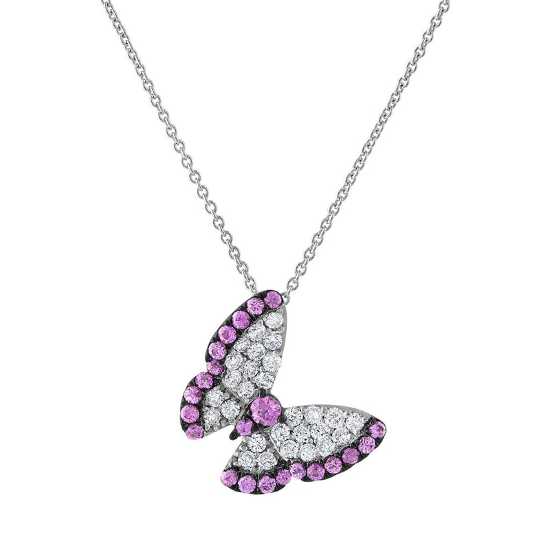 LaViano Fashion 14K White Gold Pink Sapphire and Diamond Butterfly Necklace