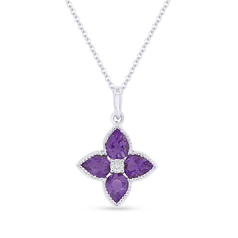 LaViano Fashion 14K White Gold Amethyst and Diamond Flower Pendant Necklace
