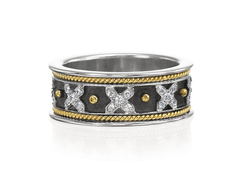 Eli Jewels Sterling Silver and 18K Yellow Gold Oxidized Etruscan Ring