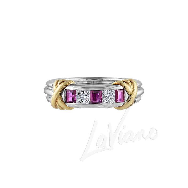 LaViano Fashion 18K Two Tone Gold Ruby and Diamond Band