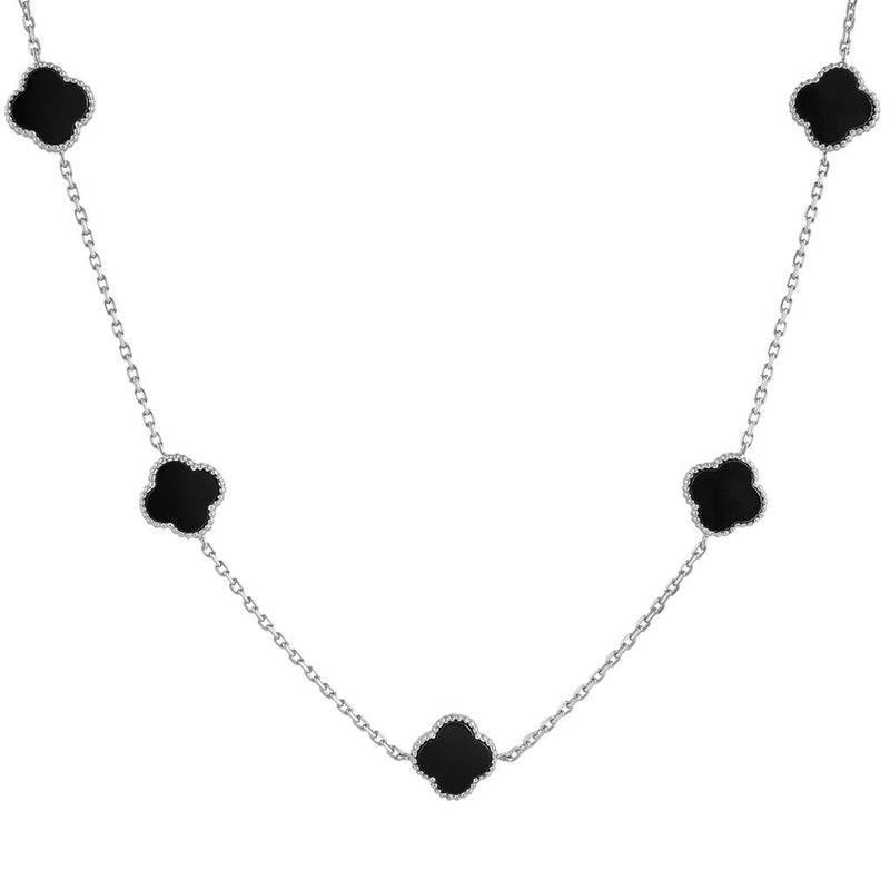 LaViano Fashion Sterling Silver Black Onyx 6 Medium Clover Station Necklace