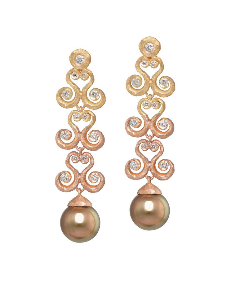 LaViano Fashion 18K Pink and Yellow Gold Tahitian Pearl and Diamond Earrings