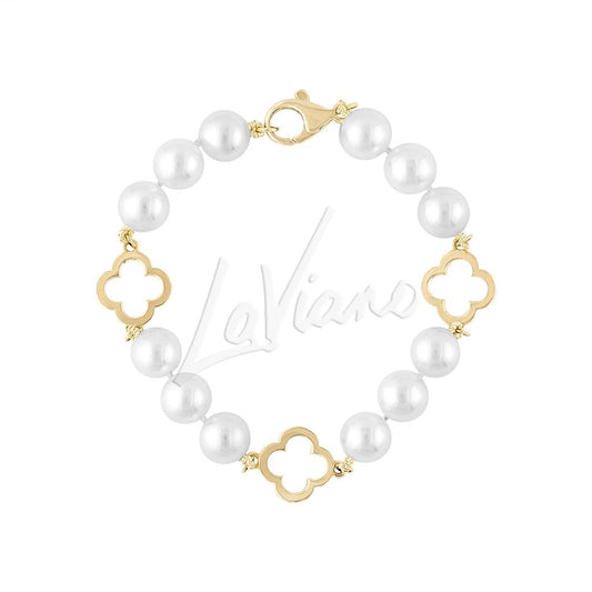 LaViano Fashion 18K Yellow Gold Pearl Bracelet with Clover Motifs