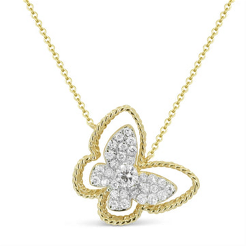 LaViano Fashion 14K Yellow Gold Diamond Double Butterfly Necklace
