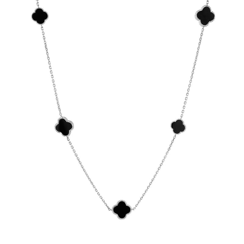 LaViano Fashion Sterling Silver Black Onyx Clover Station Necklace