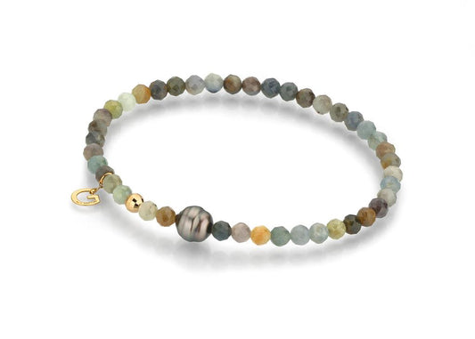 LaViano Fashion 18K Yellow Gold Tahitian Pearl 7-8MM and Sapphire Beaded Bracelet