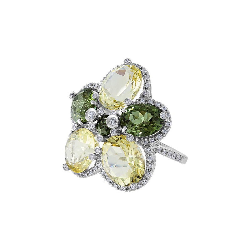 LaViano Fashion 18K White Gold Green Tourmaline and Lemon Quarts Diamond Ring