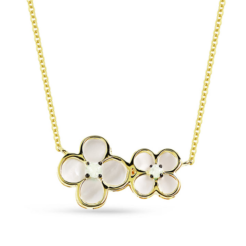 LaViano Fashion 14K Yellow Gold Mother of Pearl and Diamond Double Flower Necklace