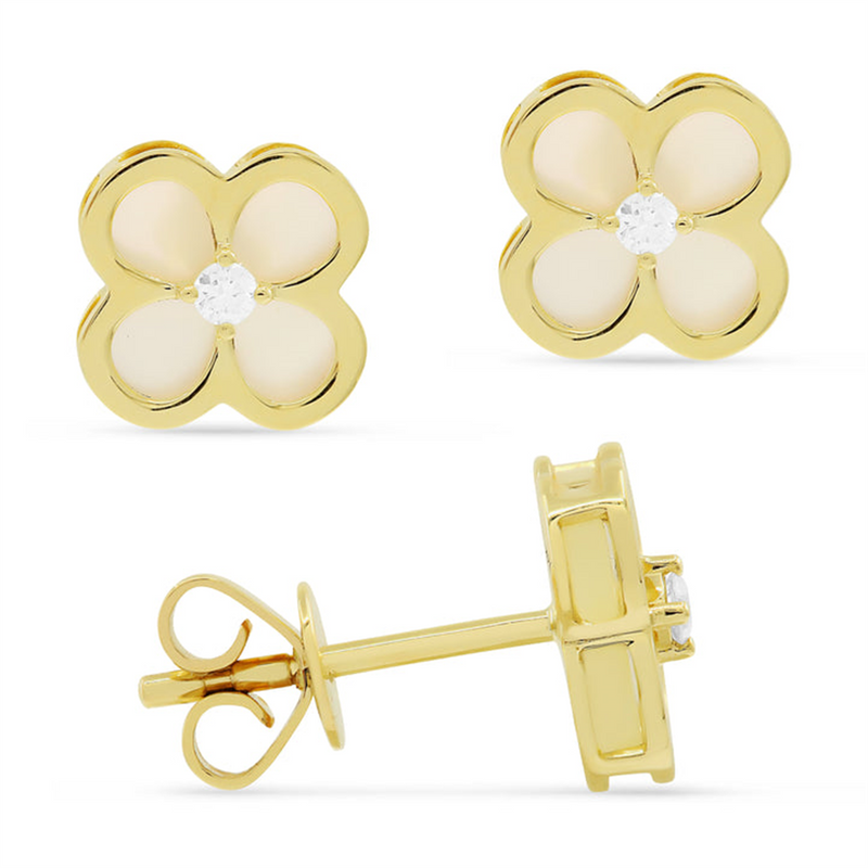 LaViano Fashion 14K Yellow Gold Mother of Pearl and Diamond Flower Earrings