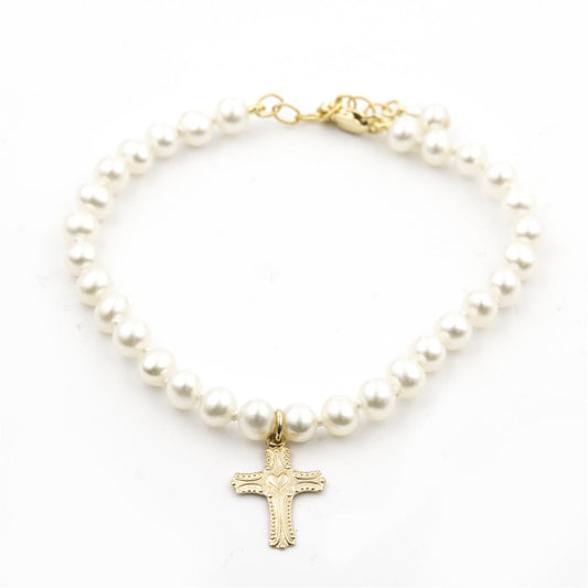 LaViano Fashion 14K Yellow Gold Cross Pearl Bracelet, Youth