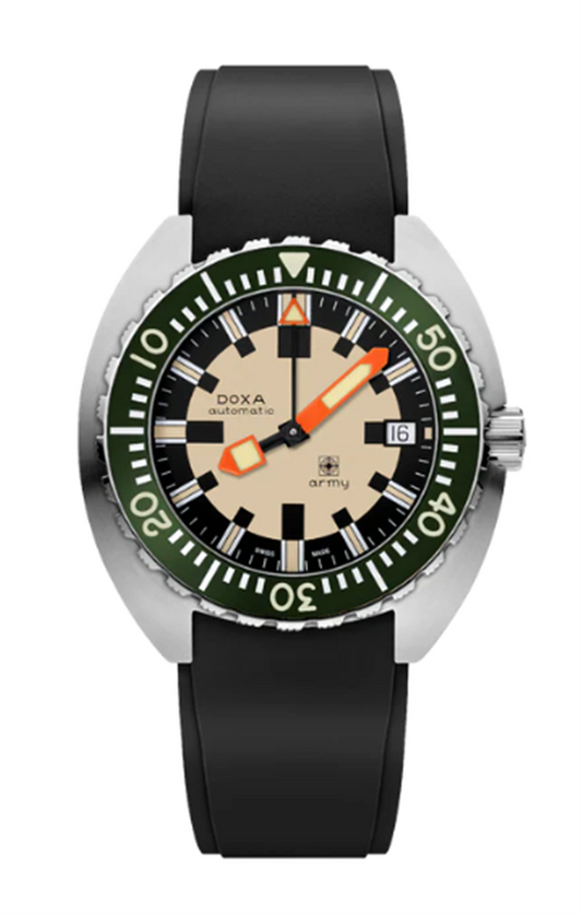 785.10.031G.20 - DOXA ARMY - 42.5mm SS with Green Ceramic Inlay Bezel, Flat Saphire, Beige & Black Dial - Black Rubber w/Folding Clasp - Additional Nato Military Strap