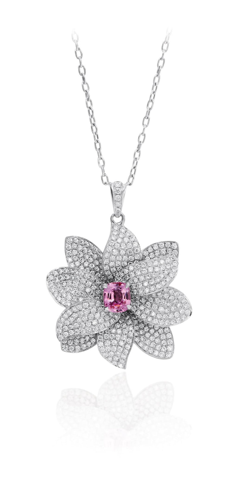 LaViano Fashion 18K White Gold Diamond and Pink Sapphire Flower Necklace