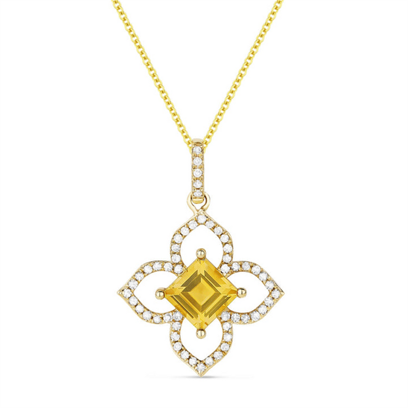 LaViano Fashion 14K Yellow Gold Citrine and Diamond Flower Pendant Necklace