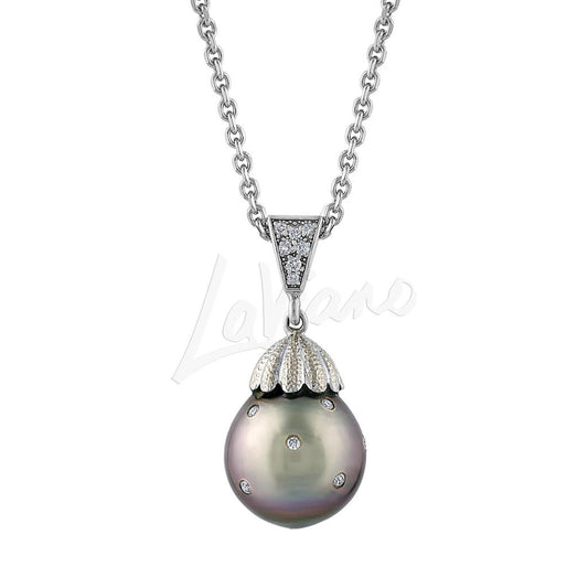 LaViano Fashion 14K White Gold Tahitian Pearl and Diamond Pendant