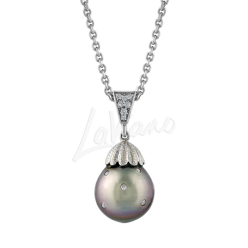 LaViano Fashion 14K White Gold Tahitian Pearl and Diamond Pendant