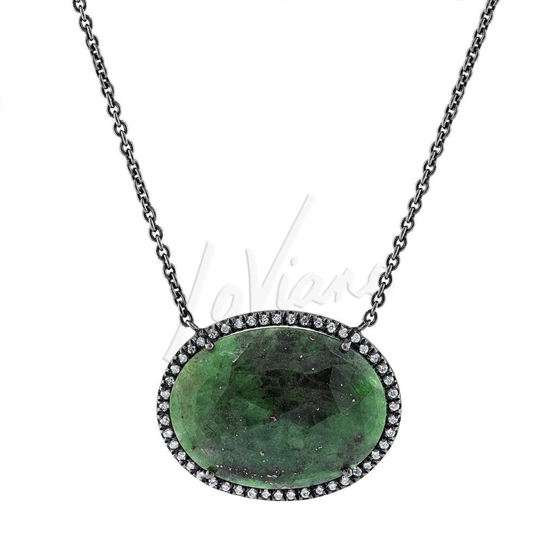 LaViano Fashion 18 Karat Black Rhodium Plated Oval  Tsavorite and Diamond Necklace