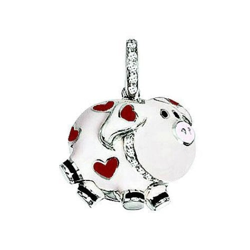Aaron Basha - 18K White Gold Pig Charm with Red Hearts | 