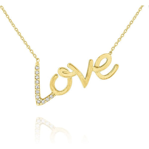 LaViano Jewelers 14K Yellow Gold Diamond Love Necklace containing diamonds weighing 0.07cts. Also available in 14K Yellow Gold.