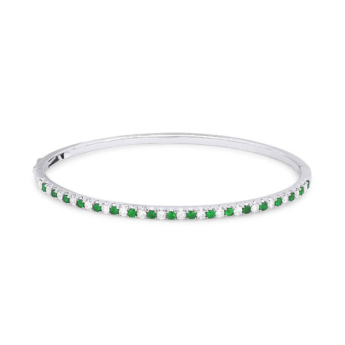 Image of 14K White Gold Emerald and Diamond Bangle Bracelet with diamonds weighing 0.6 carat.
