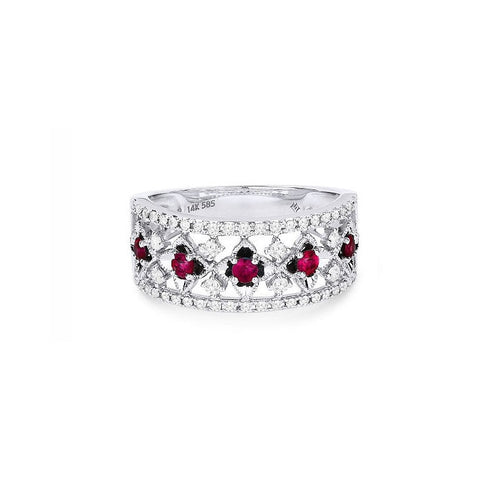 14K White Gold Ruby and Diamond Clover Ring