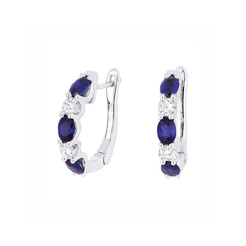 Image of 14K White Gold Sapphire and Diamond Hoop Earrings with diamonds weighing 0.36 carat.